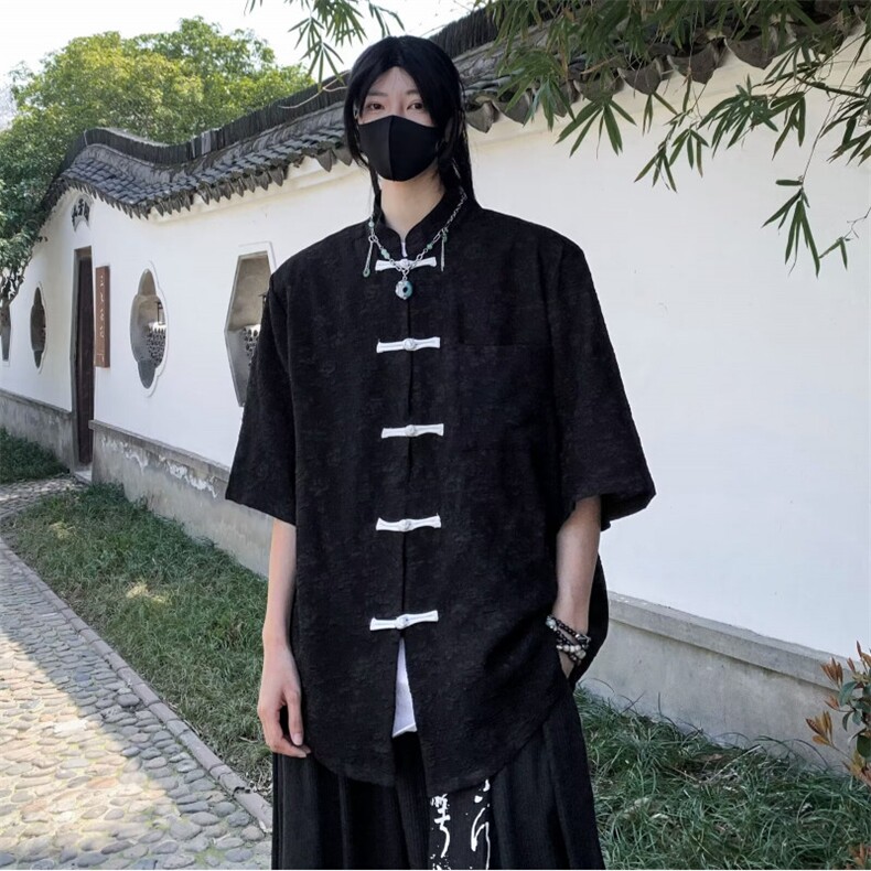 夏男短袖衬衫提花唐装盘扣七分袖短衬衣CS1279P43,男装衬衫,星座1013-1