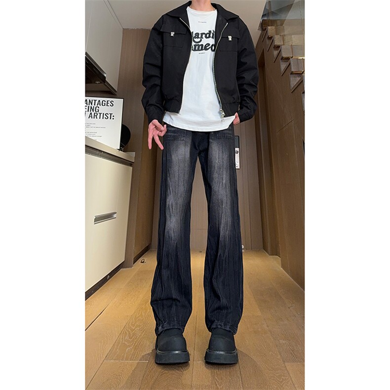 现货秋冬美式黑色渐变裤子男竹节纹直筒牛仔裤女K657-P50控68,男装牛仔裤,星座205-5
