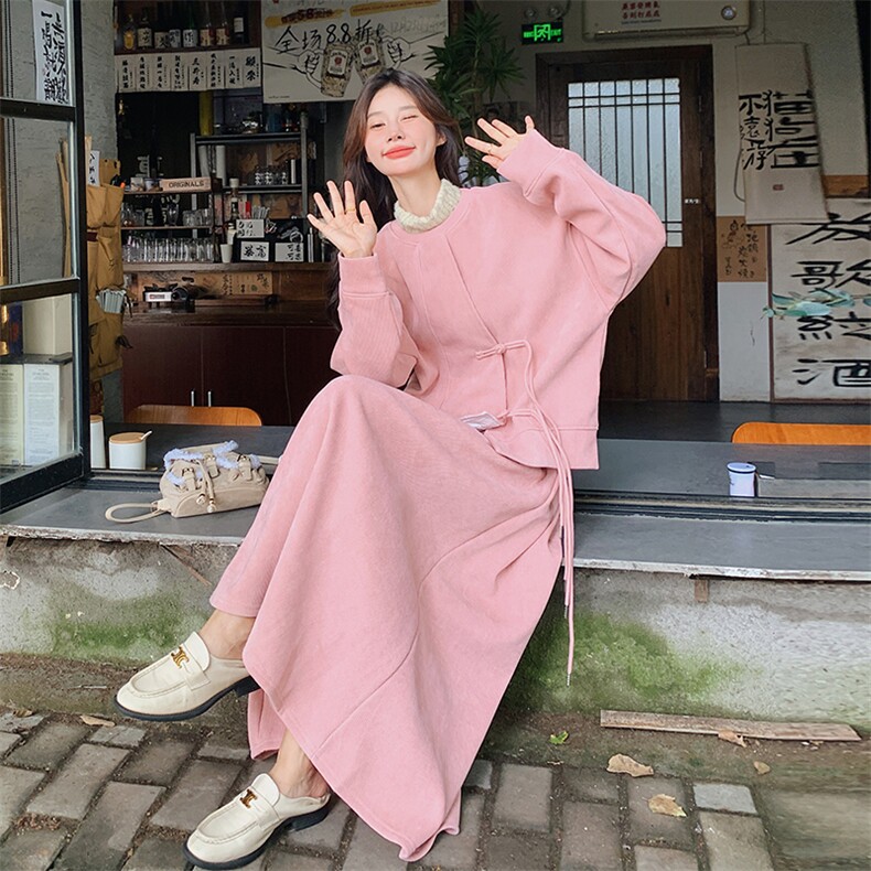 新中式国风盘扣粉色裙女秋季高级感大方得体温柔风爆款,女装连衣裙,2C187