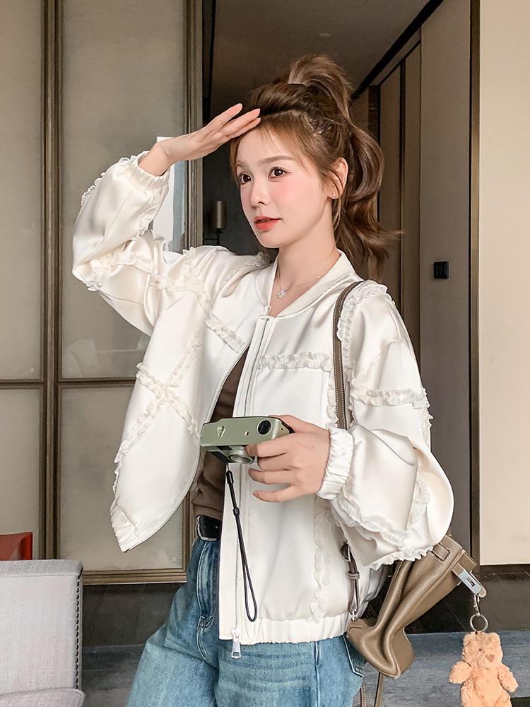 米色木耳边棒球服短款外套女2025春秋季新款韩版显瘦减龄夹克上衣,女装短外套,浙宝A馆126