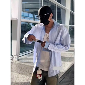 衬衫男长袖港风日系薄款宽松秋季高级条纹潮ins休闲衬衣男士外套