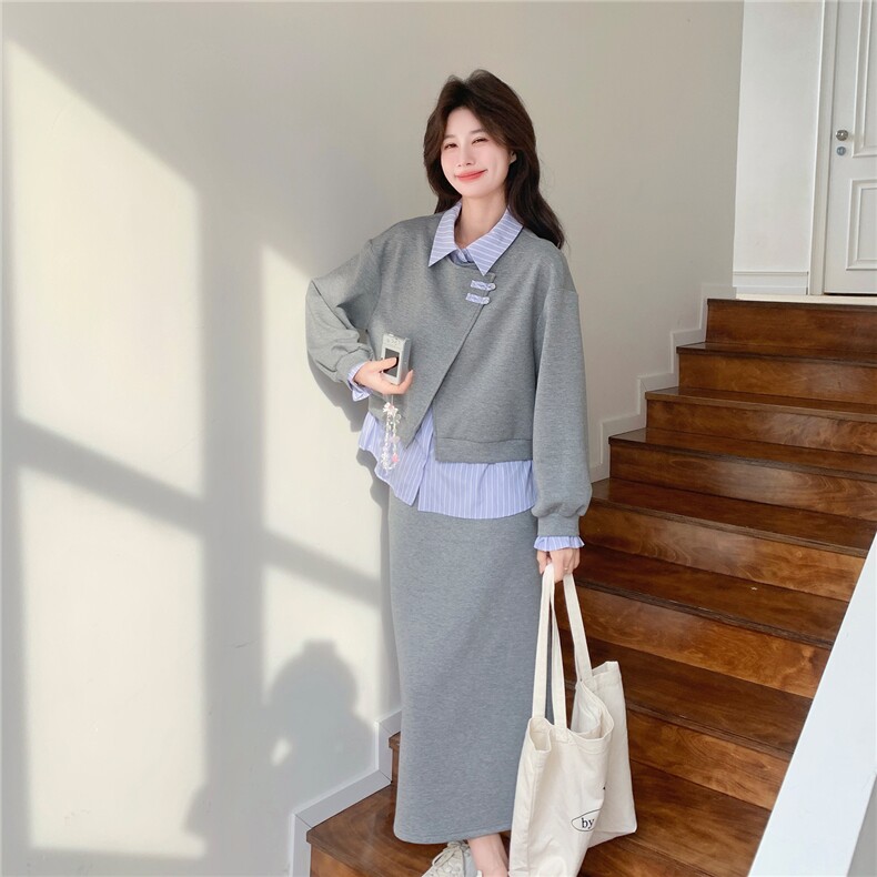 【新款】灰色假两件上衣+半身裙风套装W675P190K308,女装套装/套裙,2C209