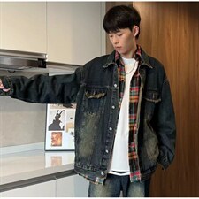 潮牌美式做旧水洗拼接牛仔外套男女复古宽松百搭夹克W016-P47网图，男装工装外套，电商B245