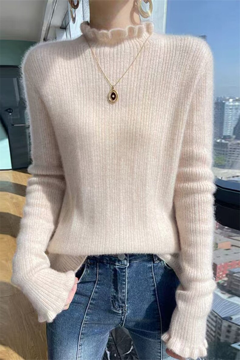 秋冬100%纯羊毛衫女花边半高领长袖坑条针织毛衣羊绒衫内搭打底衫,针织衫/毛衣,萱芳婷羊绒