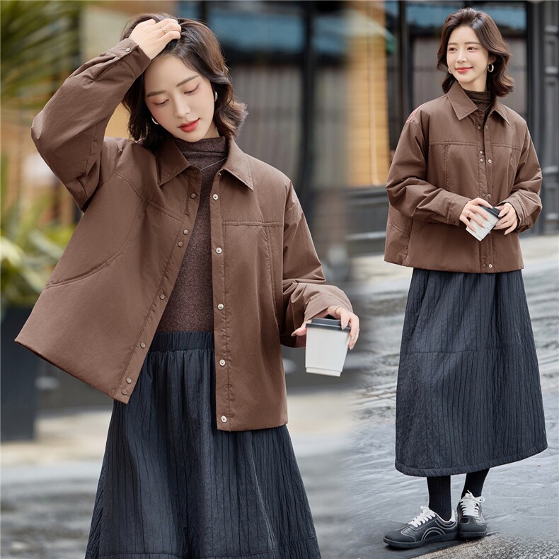 咖色小个子短款轻薄夹棉外套女秋冬外穿高级感宽松二棉衣，女装棉衣/棉服，梦懿尔