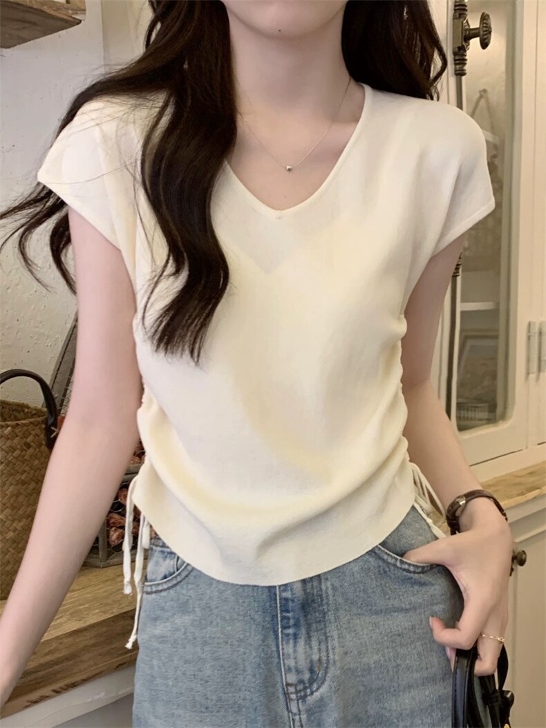 V领冰丝短袖女抽绳黑白条纹飞飞袖薄款显瘦针织衫,针织衫/毛衣,圣旺供货