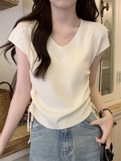 V领冰丝短袖女抽绳黑白条纹飞飞袖薄款显瘦针织衫，女装针织衫/毛衣，圣旺供货