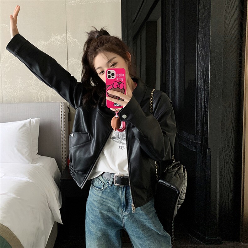 上衣常规机车服工装风短款皮衣休闲修身型秋季百搭图片