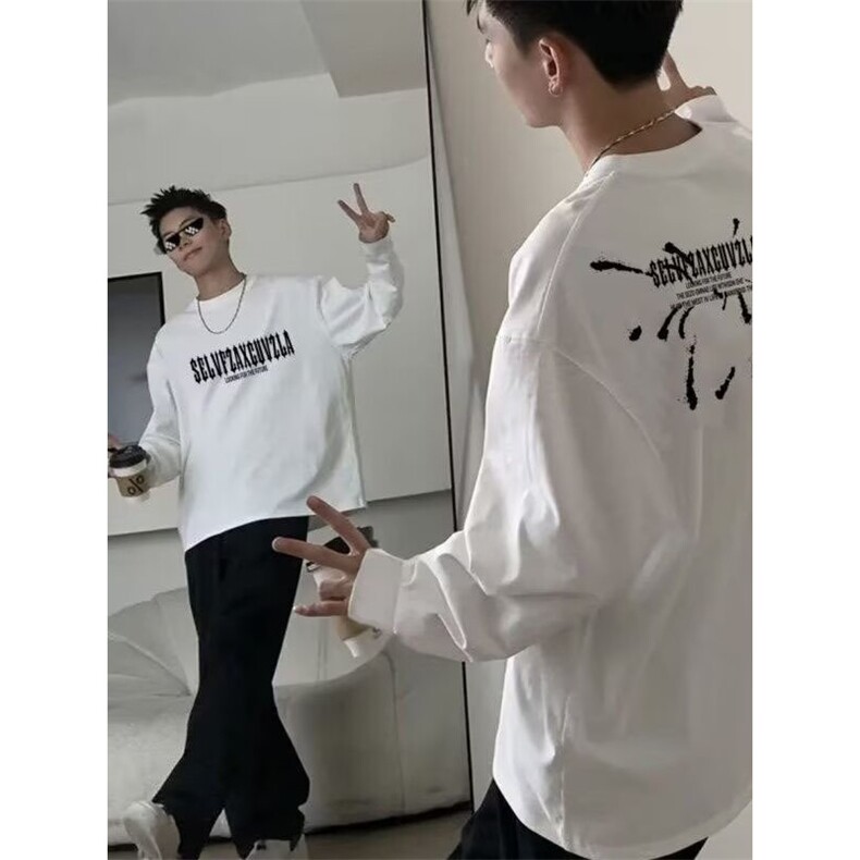 潮牌文艺圆领宽松情侣长袖打底衫上衣服束口T恤卫衣Y46-P38网图，女装T恤，电商B245