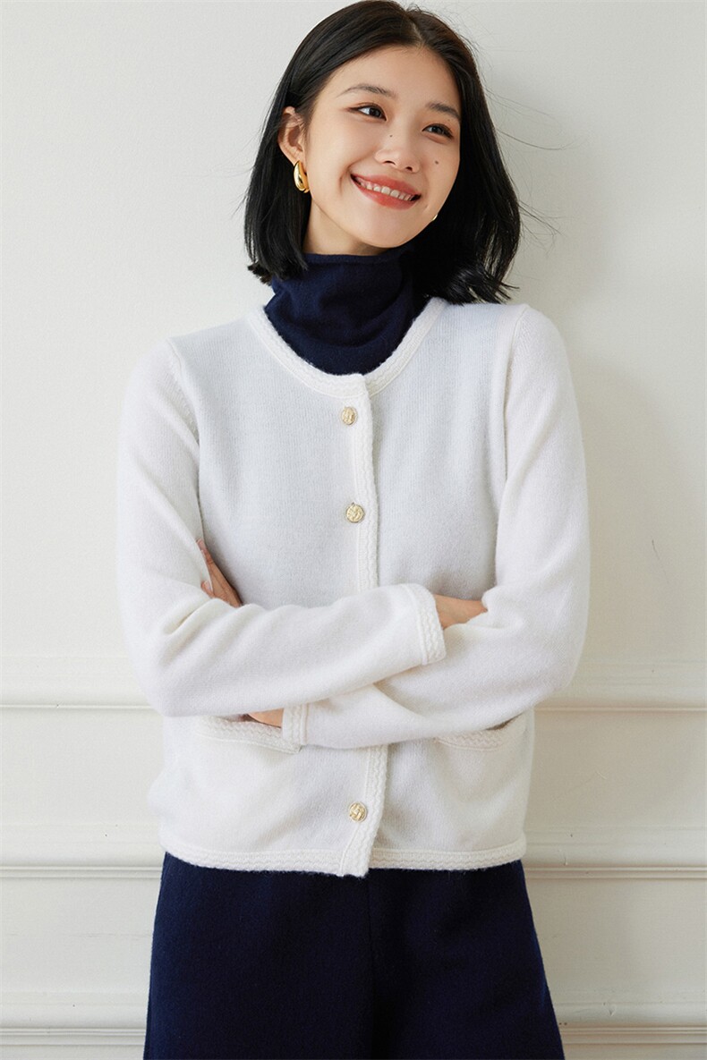 2025春秋新款羊绒衫女100纯山羊绒圆领纯色针织开衫加厚简约外套,女装羊绒衫,绒歆坊
