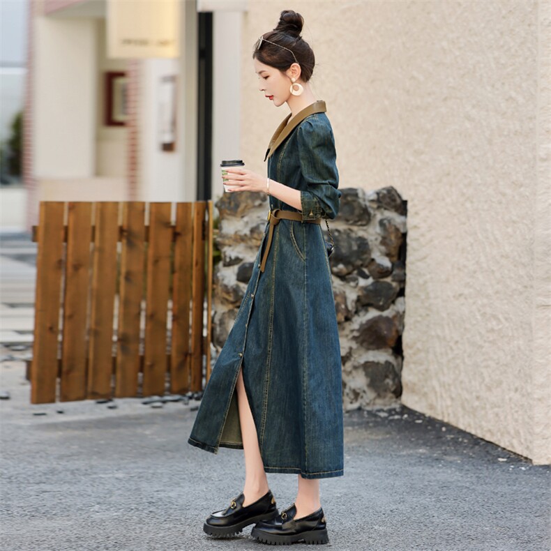 （新款现货）2026春秋新时尚复古色显瘦PU领子拼接牛仔连衣裙,女装连衣裙,印象茜