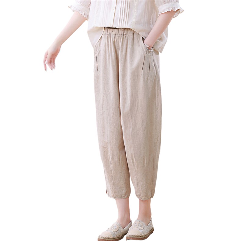 棉麻裤子女2025新款夏季休闲裤薄款萝卜裤爆款妈妈宽松亚麻九分裤,女装休闲裤,叶笙衣