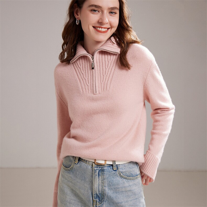 2024秋冬新款山羊绒女士半高领拉链羊绒衫，女装羊绒衫，镁纯羊绒