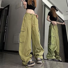 美式绿色复古降落伞工装裤女夏季薄款hiphop休闲宽松AK737-P45，男装休闲裤，星座1109-3
