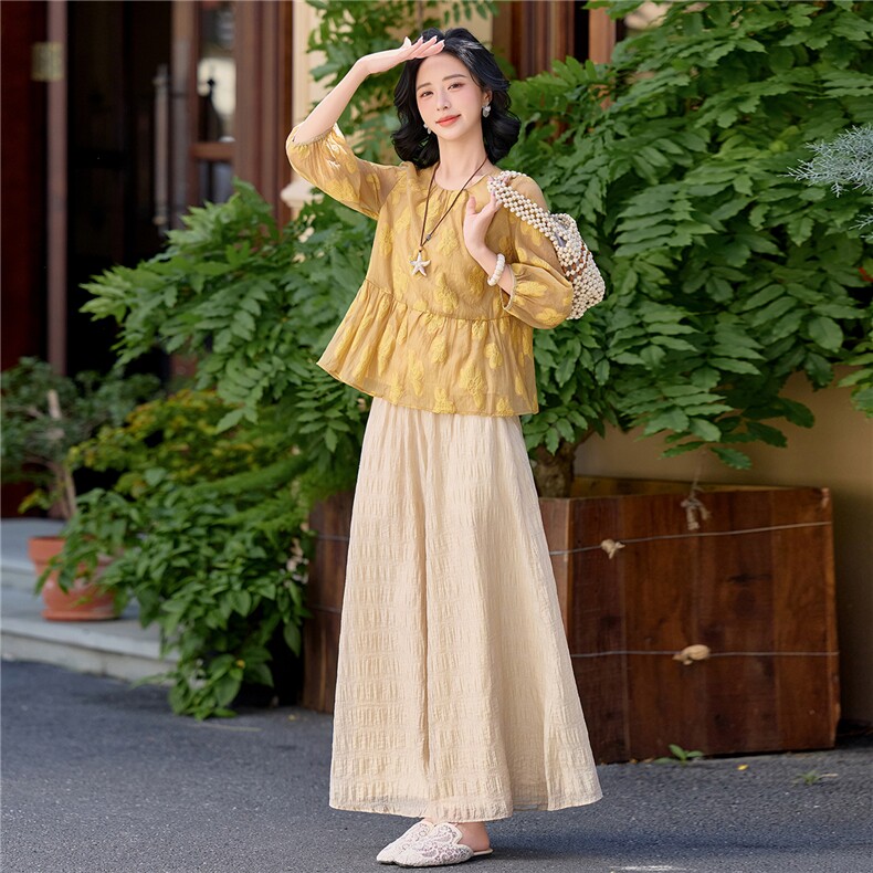 夏新款圆领绣花宽松小衫裙裤优雅气质套装女,女装套装/套裙,水衣源