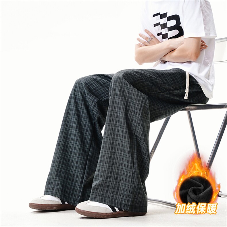 XK468-2JR-P38加绒秋冬灰色格子裤男松弛感美式休闲阔腿直筒裤,男装卫衣,电商A178
