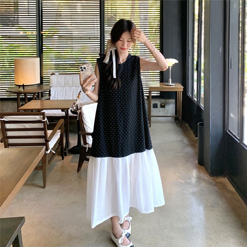撞色拼接波点连衣裙女2025夏季新款法式设计感独特漂亮气质背心裙,女装连衣裙,2C217
