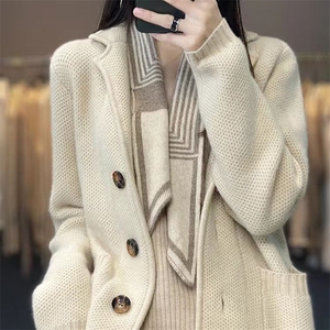 西装领羊毛开衫女重磅加厚宽松慵懒风针织外套毛衣秋冬新款羊绒衫图片