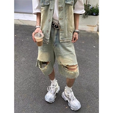 夏季款美式复古做旧破洞牛仔短裤男女街头百搭宽松阔腿直筒五分裤，男装牛仔裤，星座506A