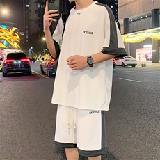 特批P37无差价夏季菠萝格拼接字母刺绣设计感小众短袖短裤男TZ301，男装休闲套装，电商A001