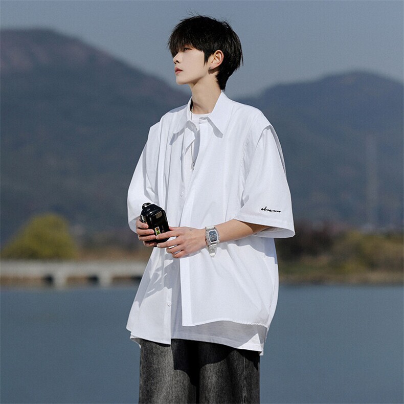 8XL-M假两件垂感冰丝短袖衬衫大码夏季凉感小众设计衬衣DC5003P55,男装衬衫,电商B238