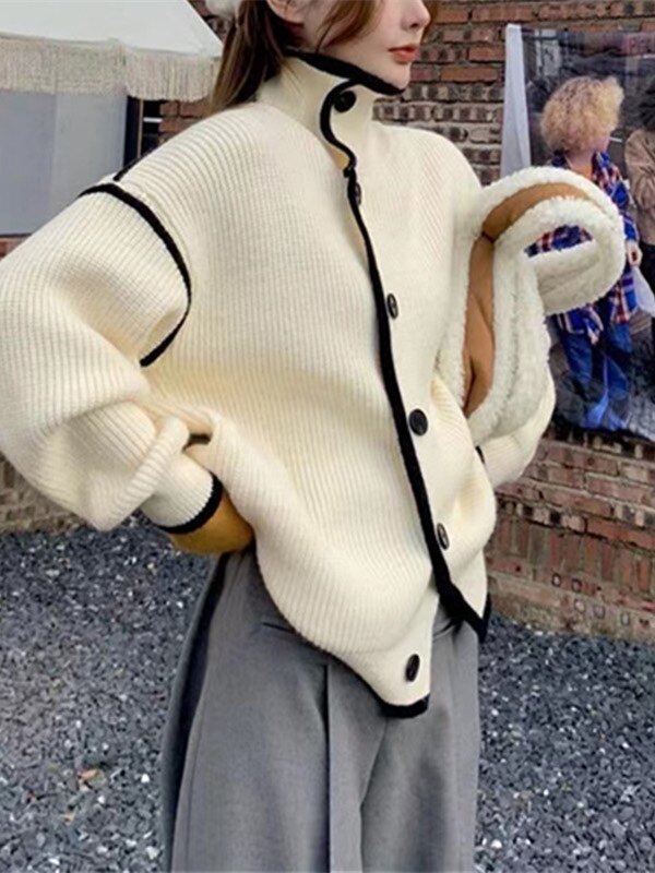 高级设计感撞色立领毛衣女秋冬季新款慵懒风宽松35%羊绒针织开衫，女装羊绒衫，以美红杉羊绒