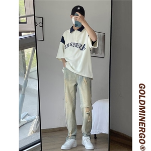 高街vibe裤子男夏季薄款黄泥染破洞牛仔裤 P55图片