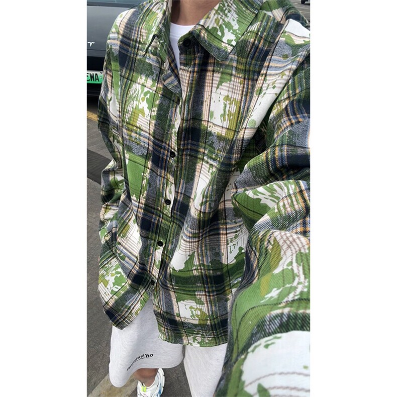 美式扎染条纹格子衬衫男女复古长袖衬衫上衣外套C2239-特价P30,男装衬衫,电商A007