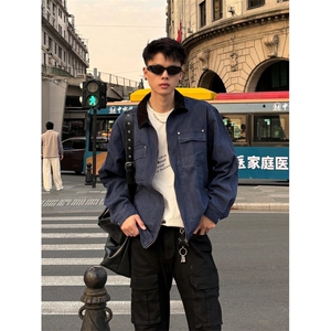藏蓝色美式复古短款外套男春秋款潮牌痞帅cleanfit底特律工装夹克图片