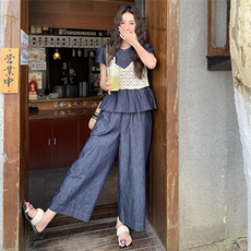 休闲镂空吊带牛仔阔腿裤套装女夏2025新款三件套ootd穿搭爆款流行，女装套装/套裙，2C129