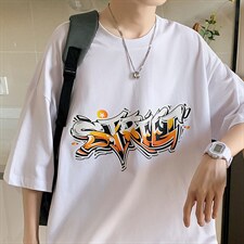 潮流嘻哈手绘涂鸦字母圆领短袖T恤宽松大码517A-1-T906-P28控38，男装T恤，星座517A-1