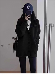 开衫女中长款V领秋冬慵懒软糯休闲宽松保暖针织衫图片