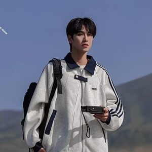 JK22-P48 美式三条杠翻领撞色卫衣外套男春秋季青少年学生图片