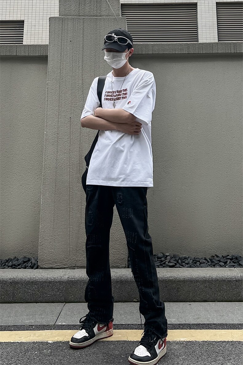 B221美式ins高街小众假破洞修身微喇牛仔裤LK22065-P65控88,男装牛仔裤,电商B221