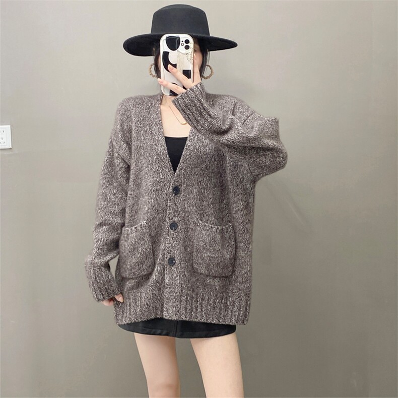 秋冬康赛花纱纯山羊绒开衫女中长款毛衣加厚宽松慵懒V领针织外套,女装羊绒衫,织绒羊