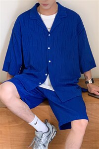 TZ65759/P75港风高品质冰丝短袖衬衫短裤套装男宽松潮两件套控108，男装休闲套装，电商A141