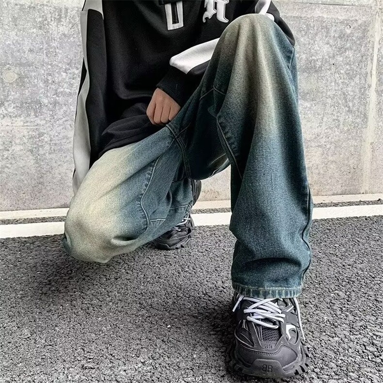 JG09美式复古蓝做旧微喇牛仔裤男女新款显瘦显高百搭直筒裤图片