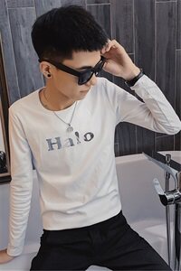 5秋季长袖修身T恤亮片烫金社会精神小伙潮男打底衫C301B-CT17图片