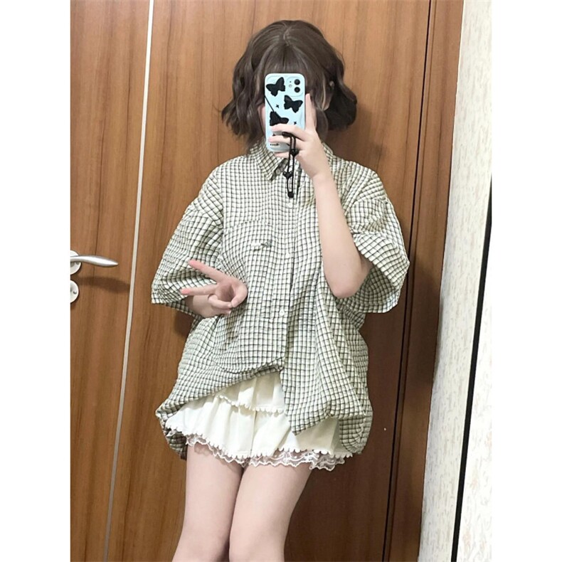 有货绿色格子衬衫短袖男女夏季vintage美式复古衬衣C120WW-特P45,男装衬衫,星座1007（原301D）