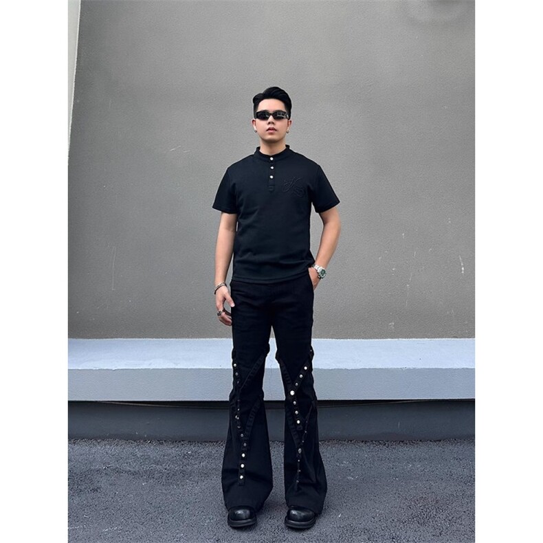 1506A/GG9590/P46铆钉绑带微喇牛仔裤,男装牛仔裤,星座1506A
