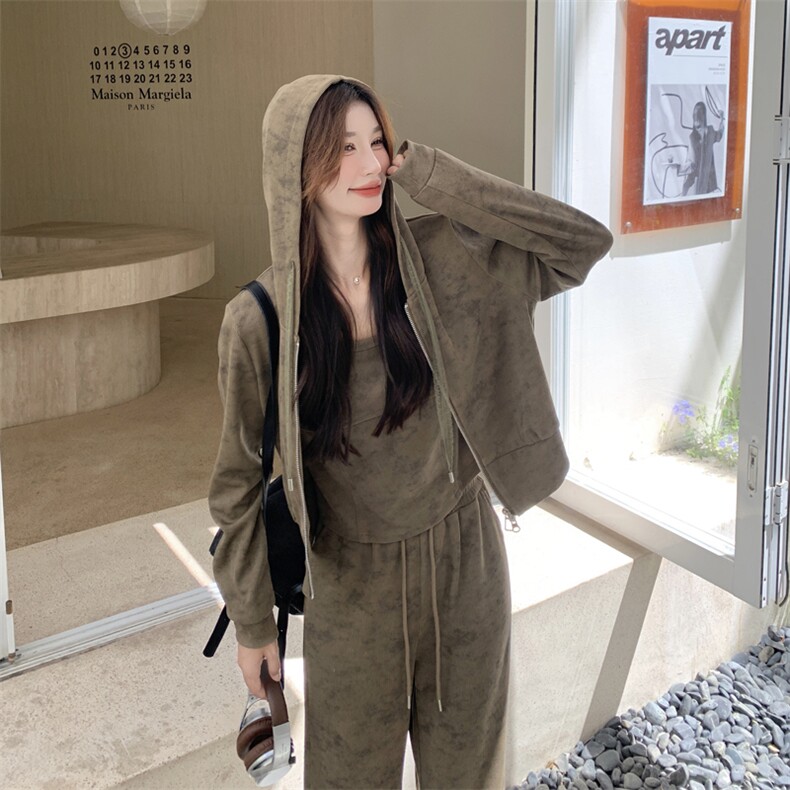 美拉德穿搭独特扎染卫衣套装女春秋2025年超火休闲运动ootd三件套,女装套装/套裙,多米2-075