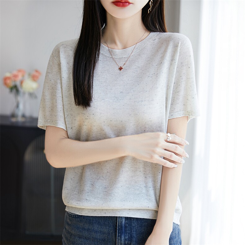 夏季一线成衣天丝亚麻针织短袖女圆领点子纱T恤上衣宽松半袖打底,女装T恤,暖烁羊绒