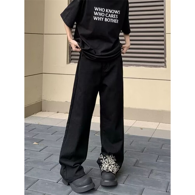 网图黑色新中式轻风刺绣牛仔裤男微喇阔腿裤K8597-P55,男装牛仔裤,星座1001-1