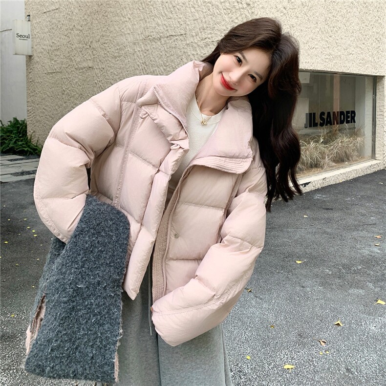 韩系粉色立领羽绒服女冬2025新款超火好看高级小众保暖加厚短外套,女装羽绒服,2B082