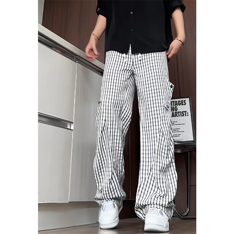 K5051/P40夏季薄款透气凉感格子裤男女同款垂感褶皱休闲裤长裤子,男装休闲裤,电商A141