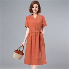 纯棉连衣裙女2023夏装新款中长款收腰显瘦V领妈妈洋气气质a字裙子，女装连衣裙，鑫鑫格