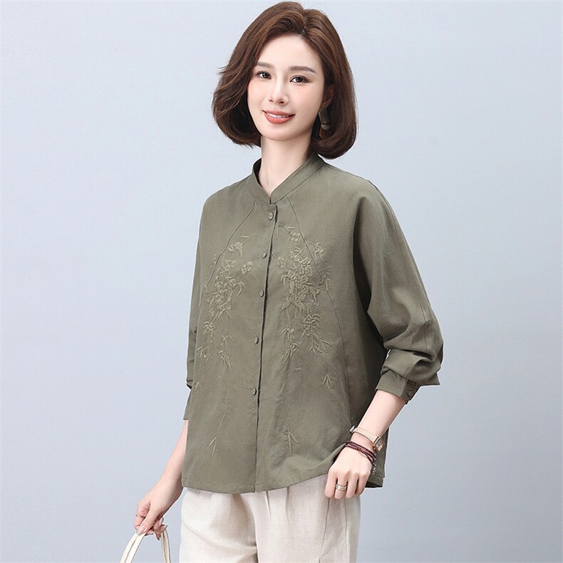 棉麻衬衫女2025新款春秋宽松大码中老年休闲亚麻刺绣上衣,女装衬衫,忆绮罗