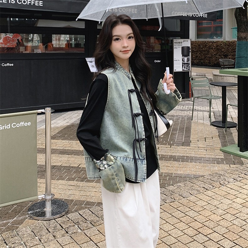 国风盘扣新中式牛仔马甲女2025春新款气质复古衬衫马夹,女装短外套,浙宝220
