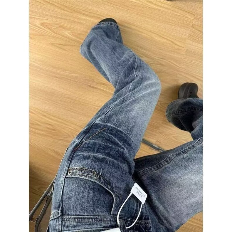 蓝色闪电纹微喇牛仔裤女款秋季美式高街显瘦裤子低腰窄版直筒长裤,男装牛仔裤,星座813-3