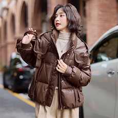 【冬季女装新款】时尚休闲白鸭绒PU皮羽绒服P285-K385，女装羽绒服，简古